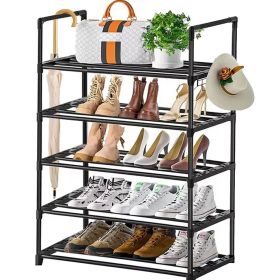 5 Tiers Shoe Rack with Hook, Stackable Shoe Organizer Storage for Shoe and Boot, Shoe Shelf for Closet, Entryway, Dorm, Garage
