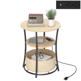 Round Side Table With Charging Station, 3-Tier End Table With Fabric Storage Bag And Shelf, Natural Wood (Color: Yellow)