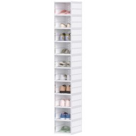 Stackable Plastic Shoe Boxes, 10 Pack Foldable Shoe Storage Boxes With Clear Door, No Assembly, Fit Size 10, White (Color: White)