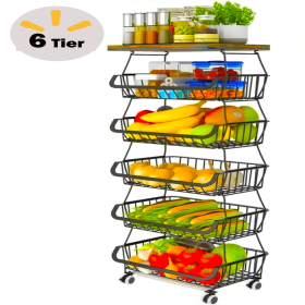 4/5/6 Tier Fruit Basket for Kitchen Organizers and Storage,with Solid Wood Top,Stackable Metal Wire Basket Stand Cart with Wheels for Fruit Veget (size: medium)